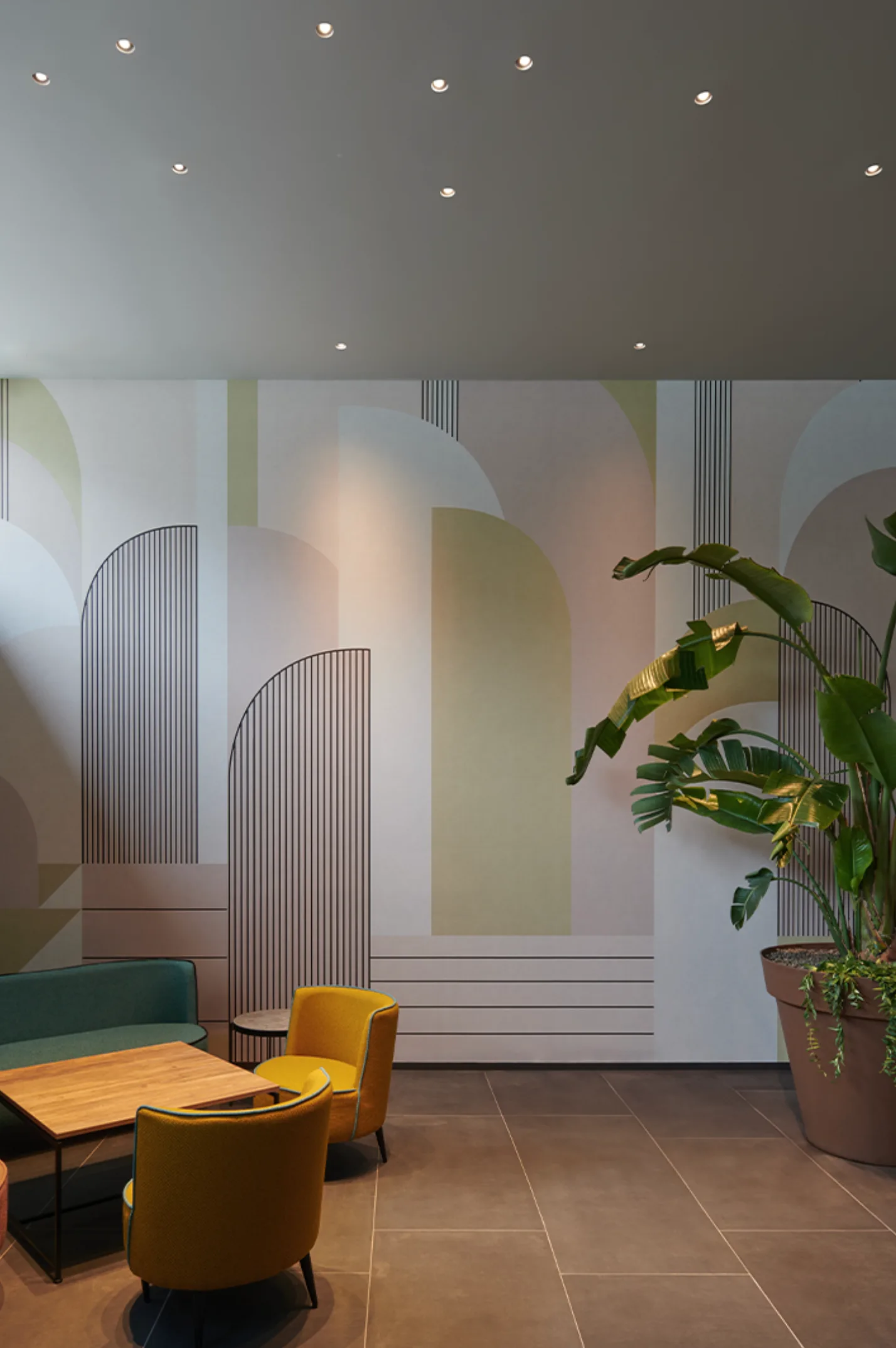 VERO recessed downlights highlighting a café feature wall.