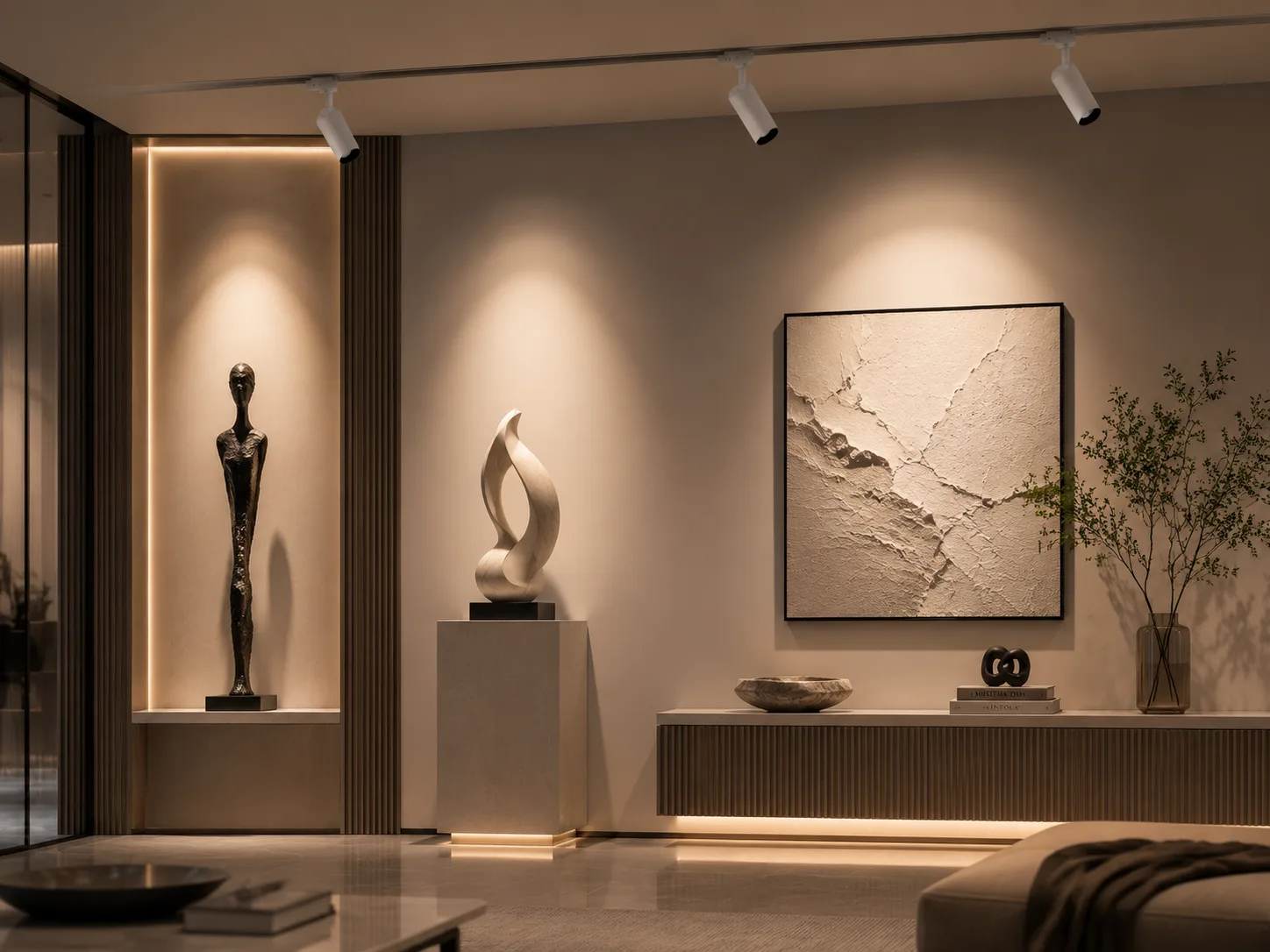WASHO track wall washer lighting sculptures, artwork and textured display surfaces in a contemporary interior.