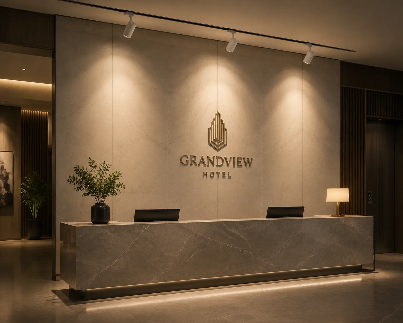 WASHO track wall washer lights illuminating the feature wall behind a modern hotel reception desk.