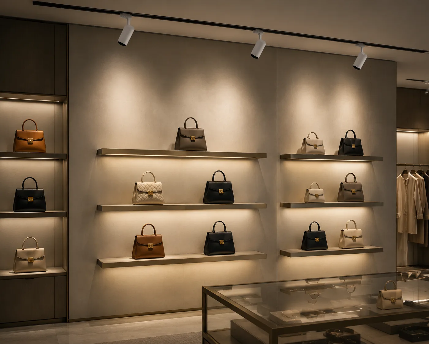 WASHO track wall washer lighting a luxury handbag display wall with uniform vertical illumination.