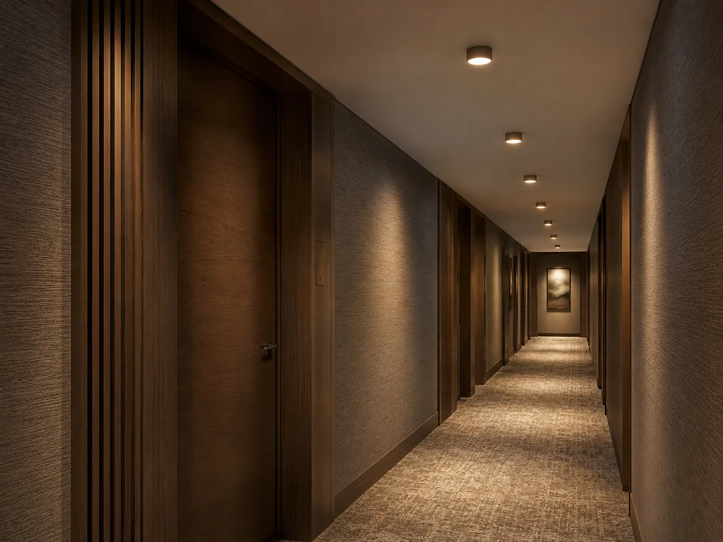 Low-glare architectural ceiling lights in a comfortable commercial interior