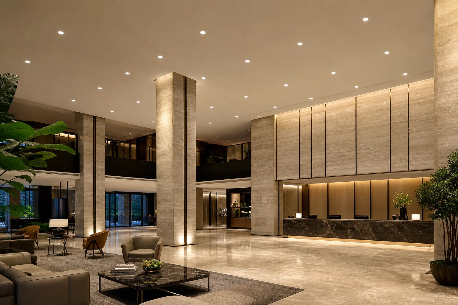 HICORE recessed downlights illuminating a double-height luxury hotel lobby