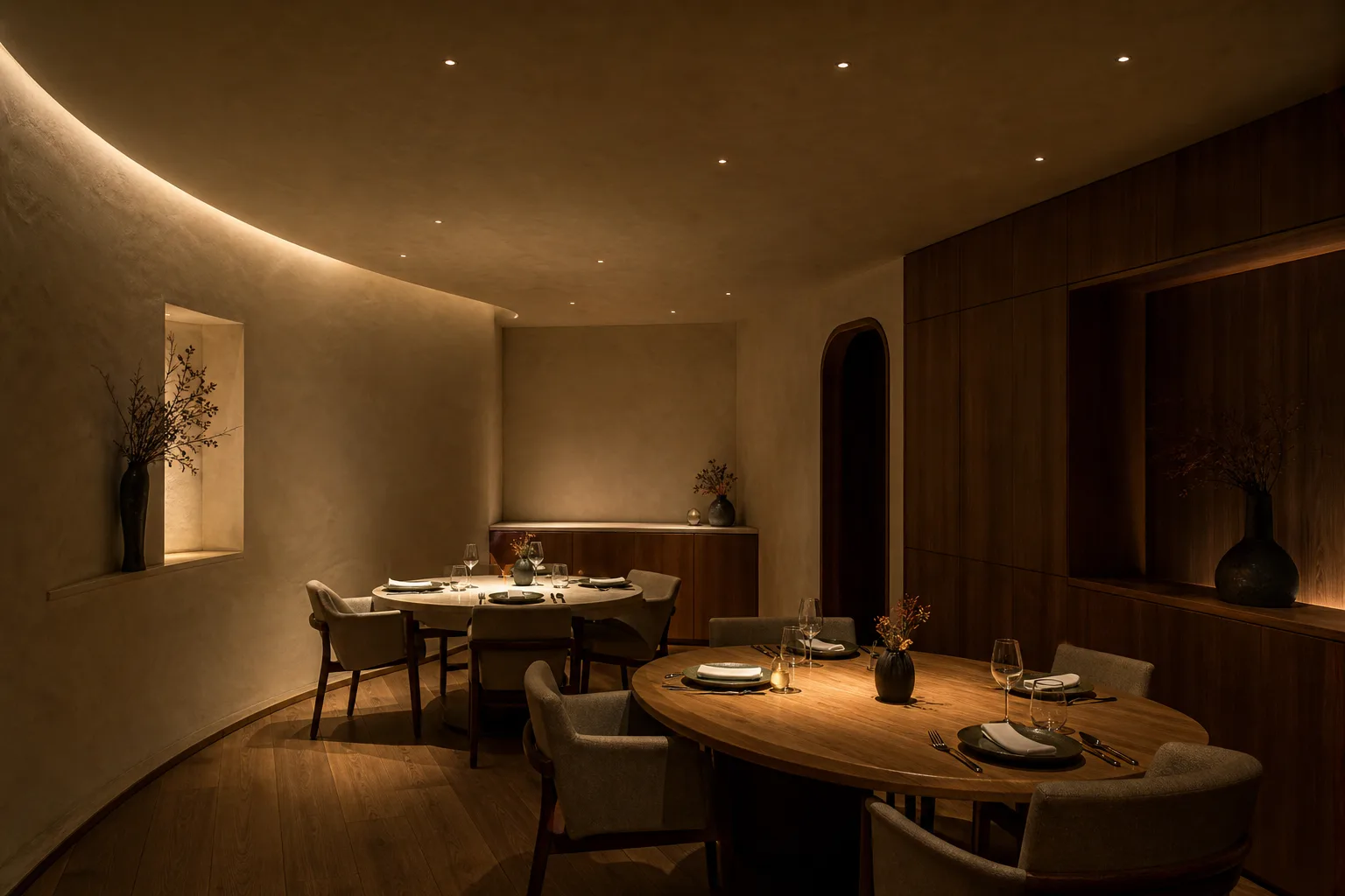 ORBI compact recessed downlights creating intimate lighting in a boutique private dining restaurant