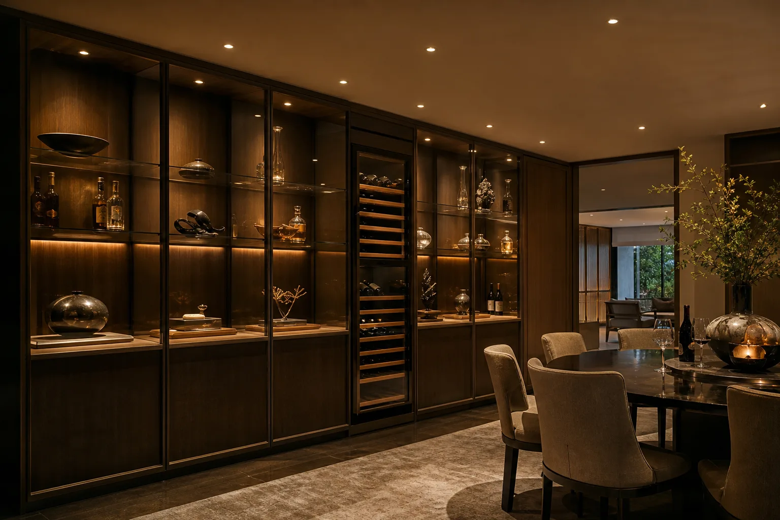 ORBI compact recessed lights illuminating a luxury villa wine and display cabinet