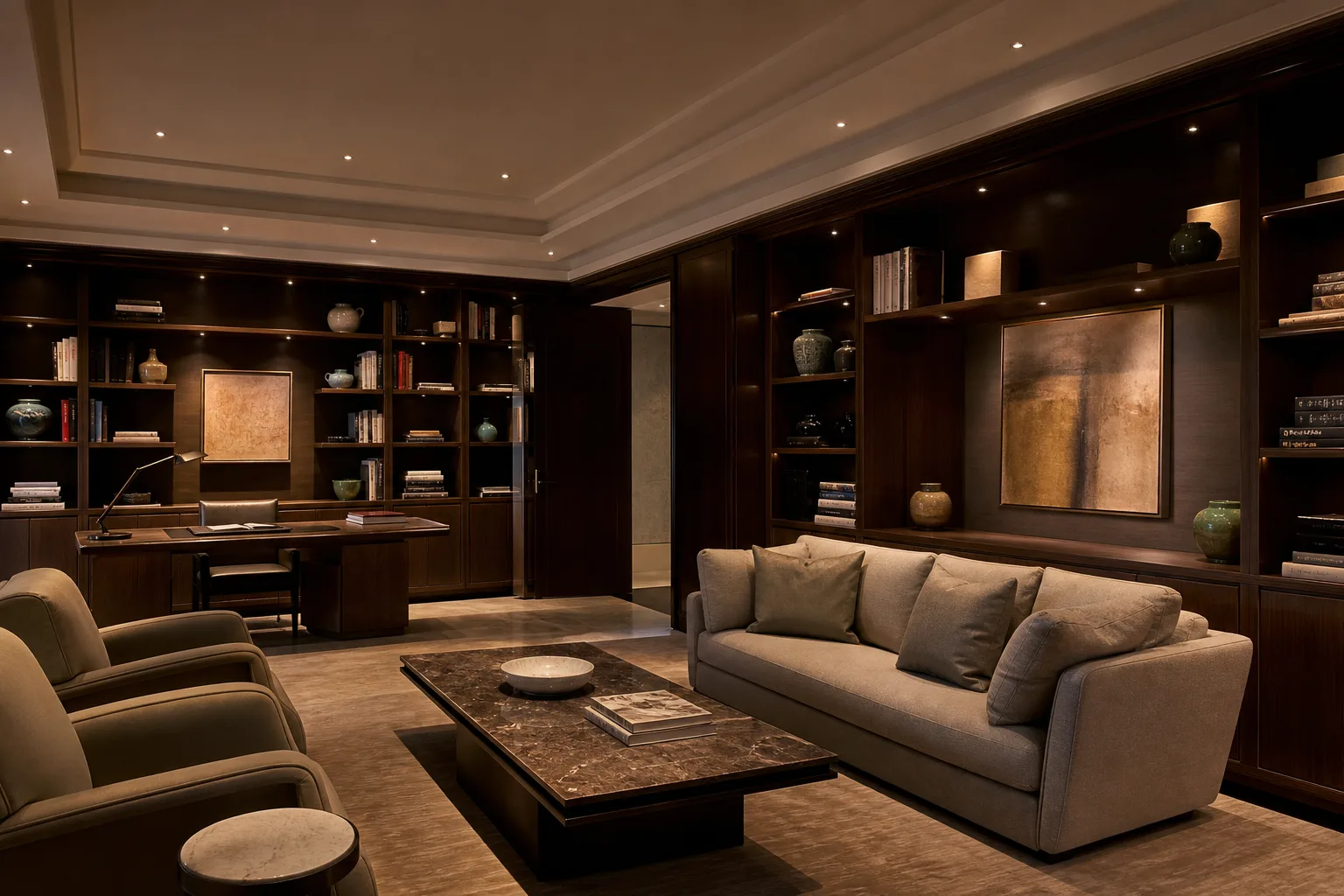 ORBI micro recessed downlights illuminating a luxury villa library and display cabinetry