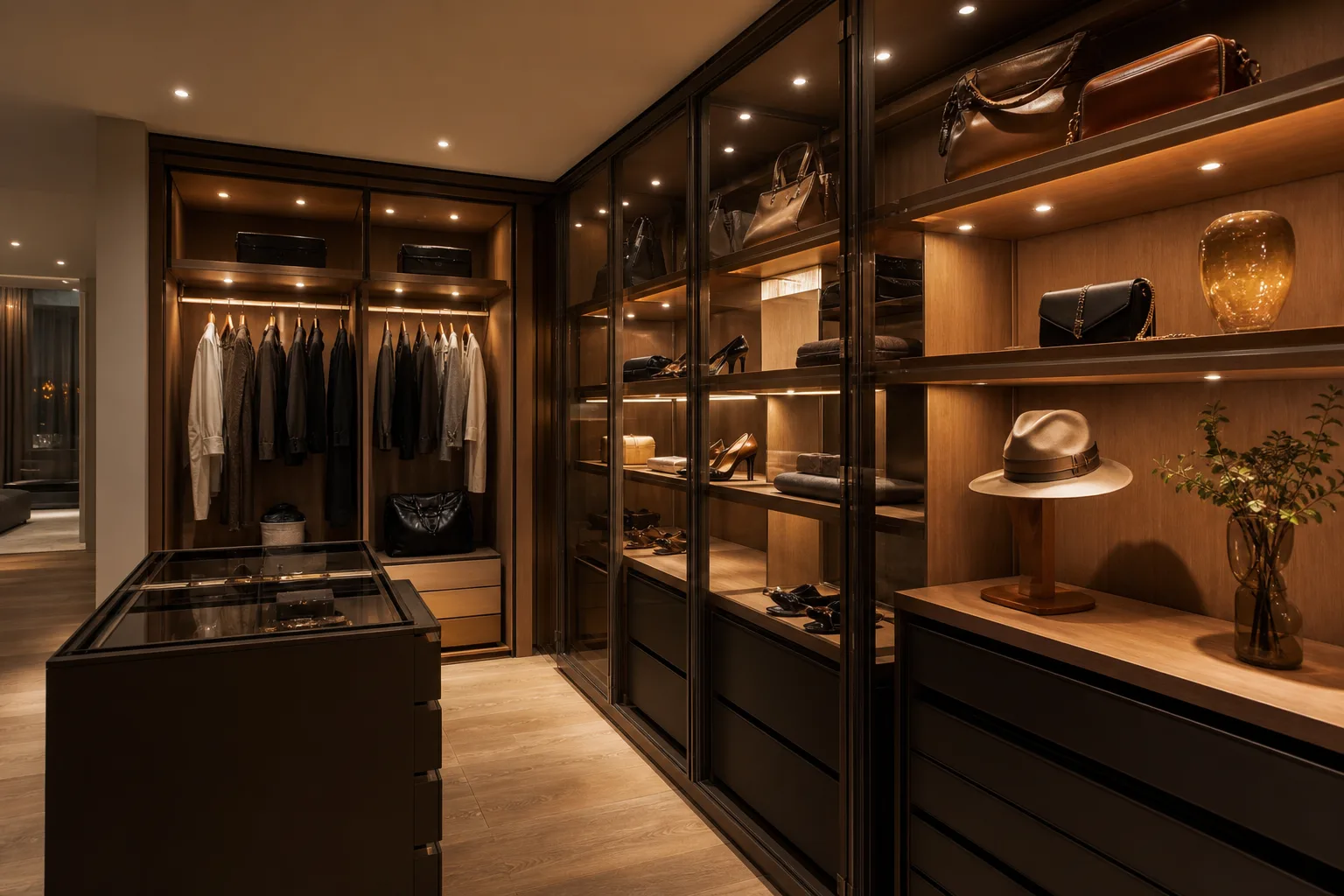 ORBI micro recessed downlights illuminating luxury wardrobe cabinets and accessories