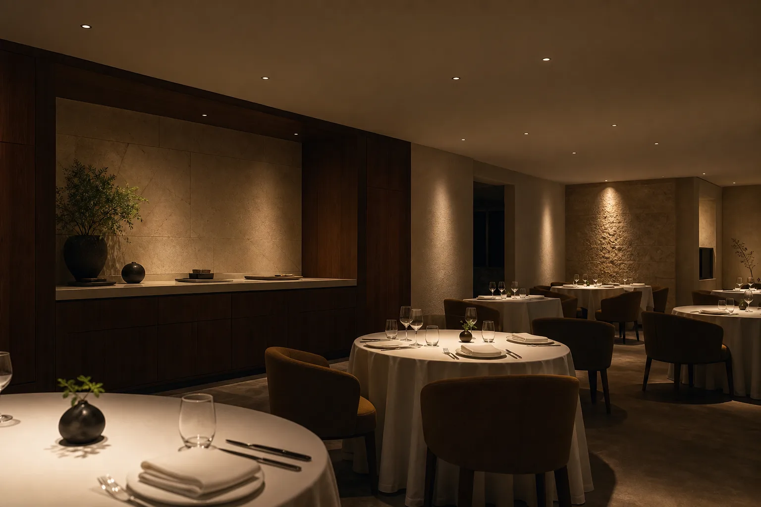 ORBI micro recessed downlights providing warm table lighting in a fine-dining restaurant