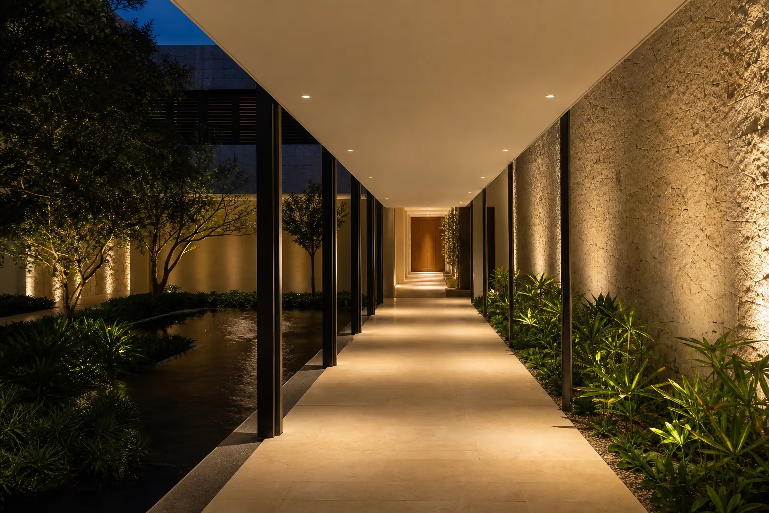 SOFT IP65 white round recessed downlights installed in a landscaped covered outdoor walkway