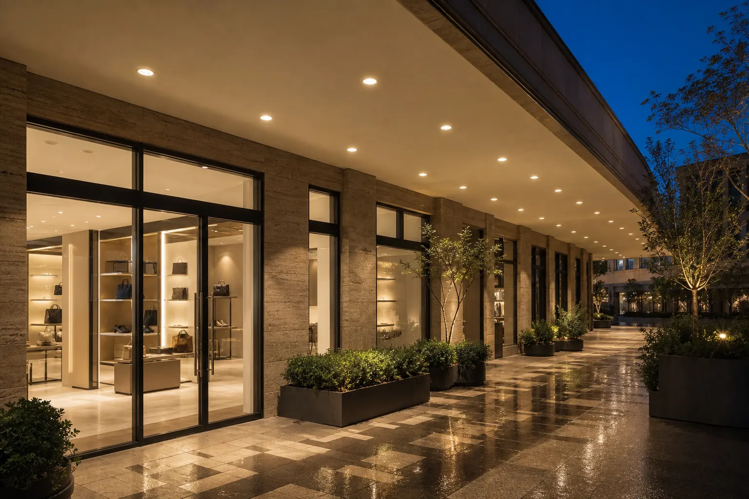 VOLI IP65 recessed downlights installed along a premium outdoor retail arcade