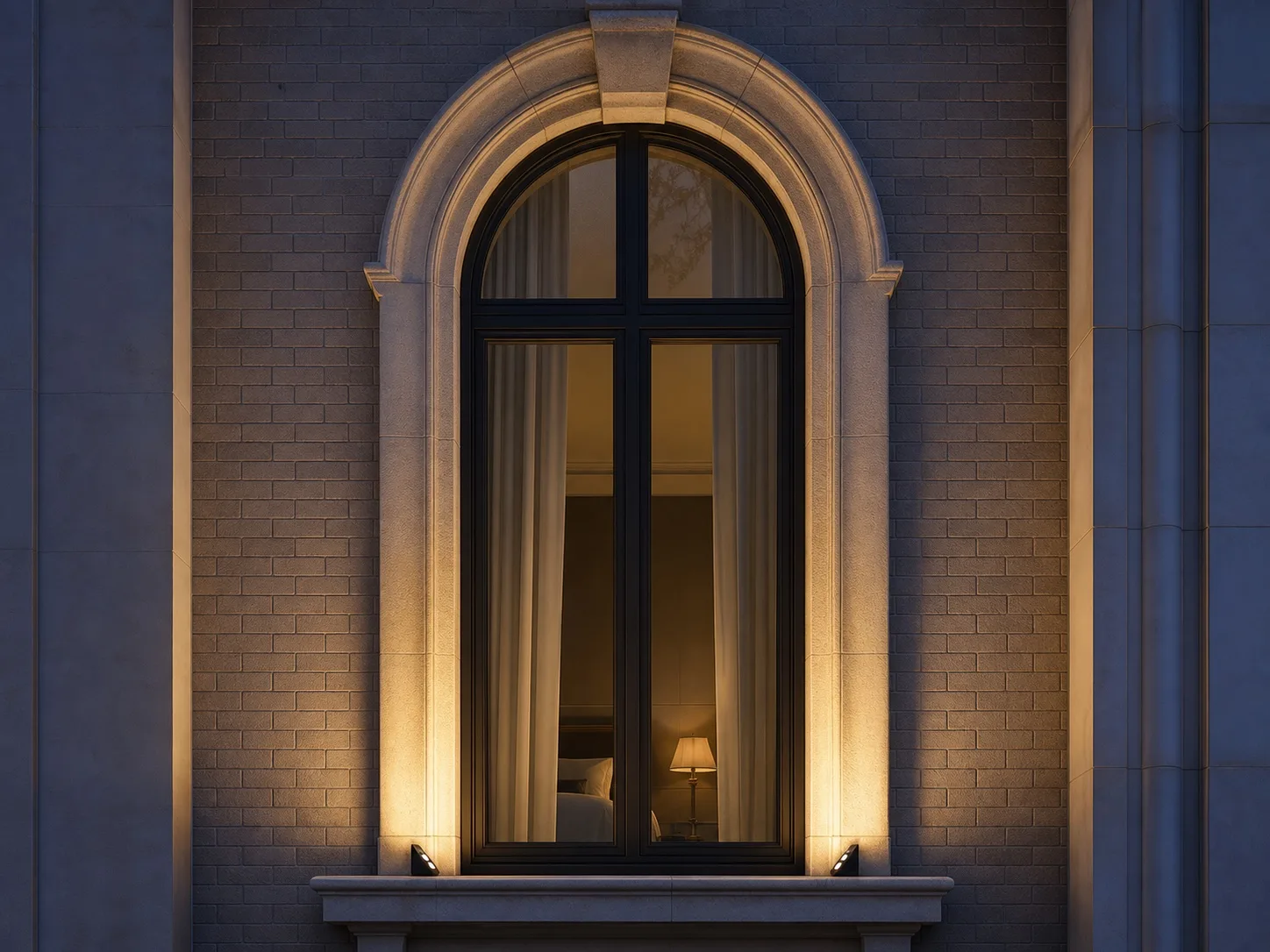 Two WINDOW LIGHT sill luminaires symmetrically illuminating a boutique hotel arched window