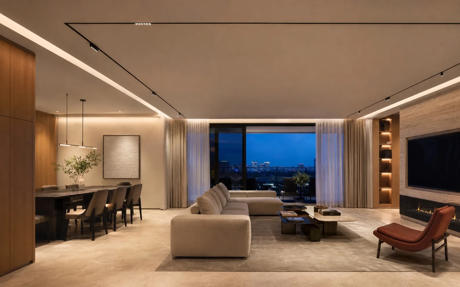 Trimless 48V magnetic track concealed in a double-plasterboard ceiling of a luxury residence