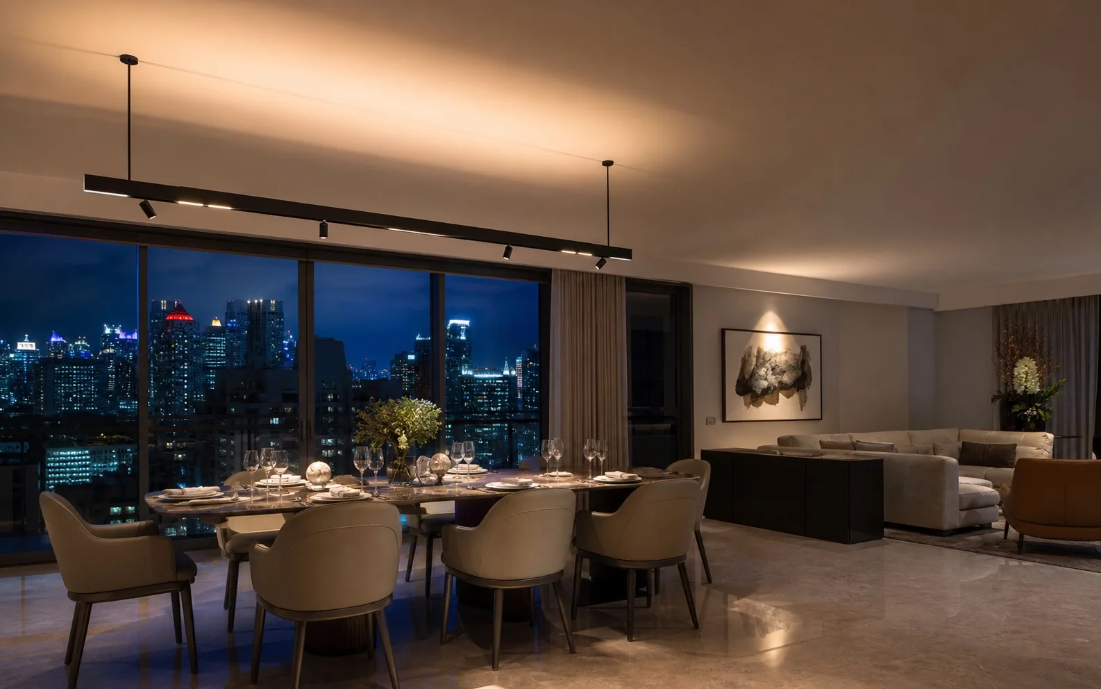 Up-and-down suspended low-voltage magnetic track lighting a Singapore luxury penthouse