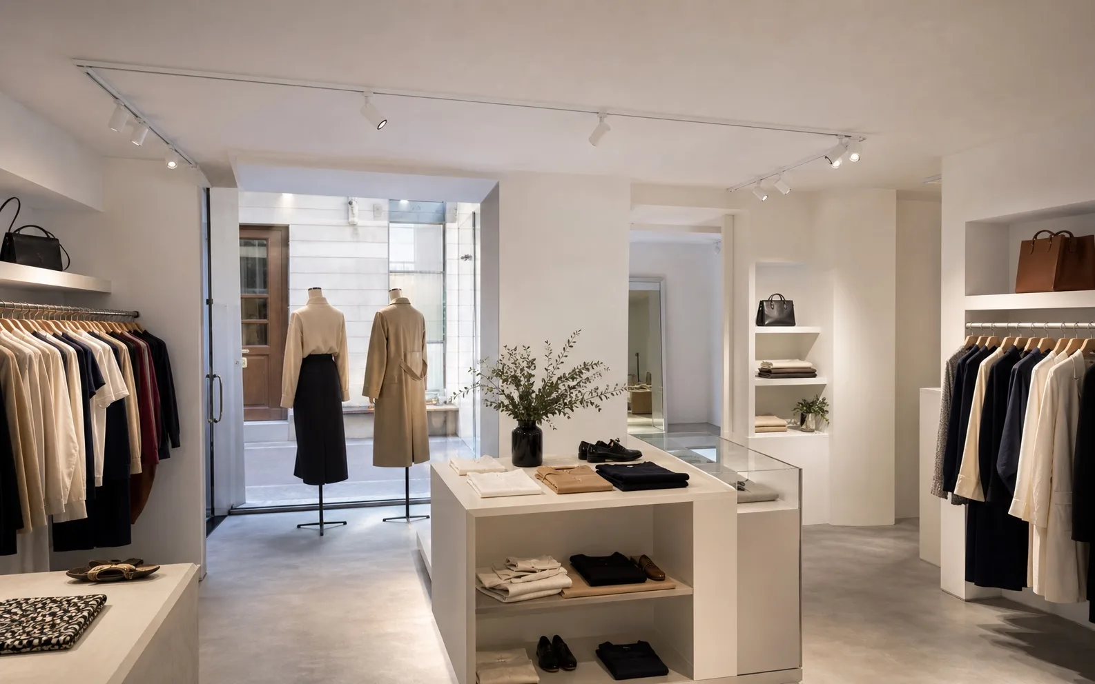 White surface-mounted one-circuit track with adjustable spotlights in a premium fashion boutique