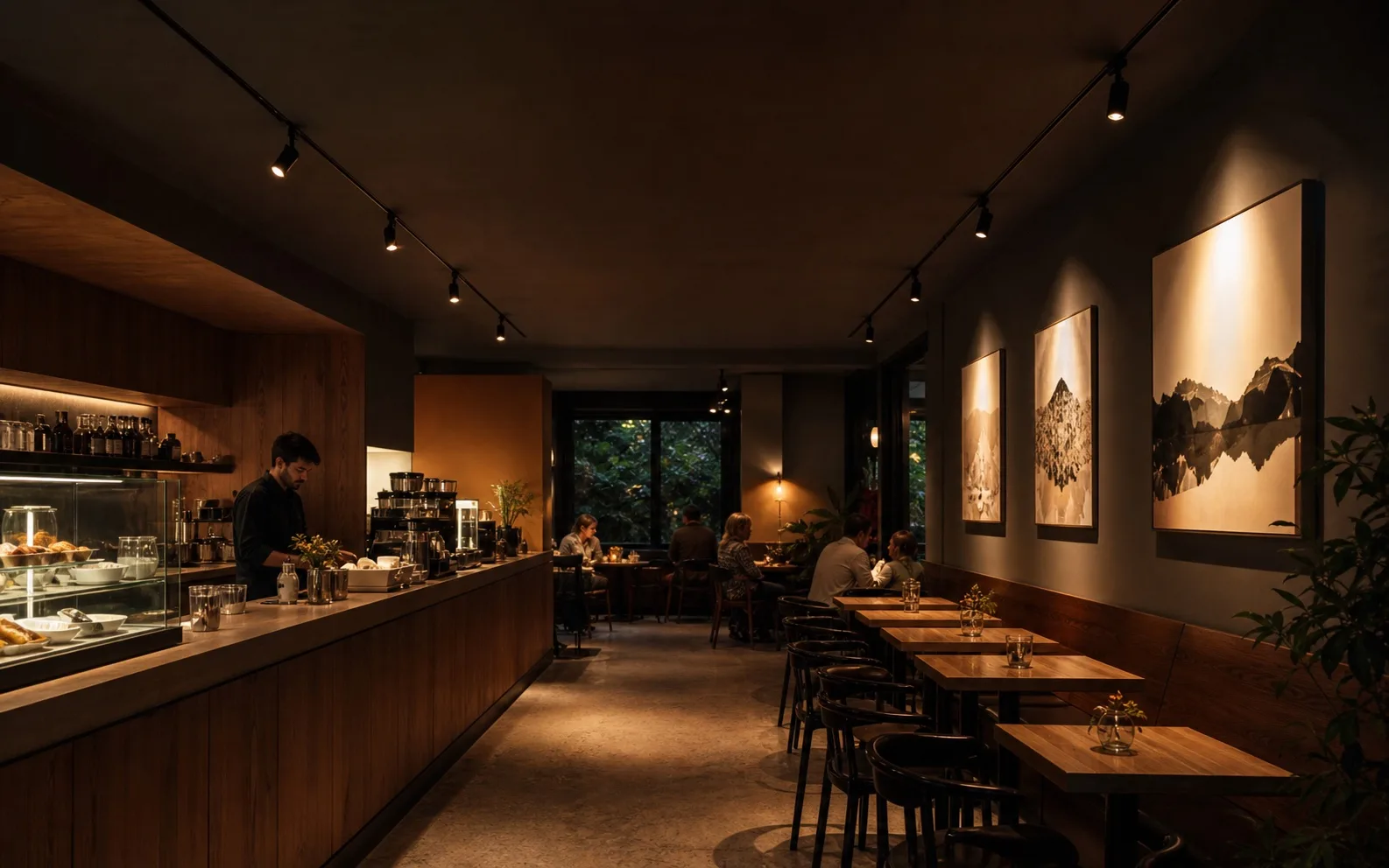 Black recessed one-circuit track with adjustable spotlights in a contemporary cafe