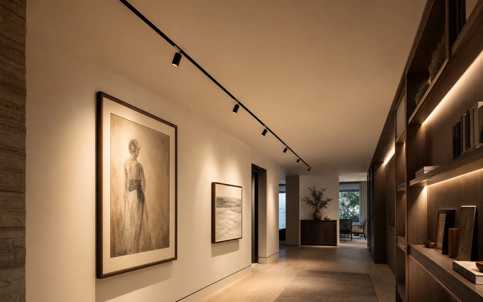 Luxury residential gallery corridor with track lighting focused on framed artwork