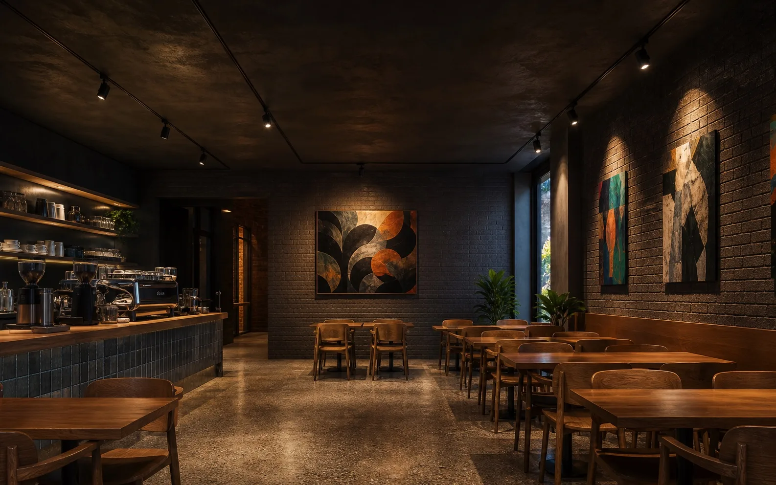 Recessed one-circuit track lighting a dark contemporary Melbourne artisan cafe