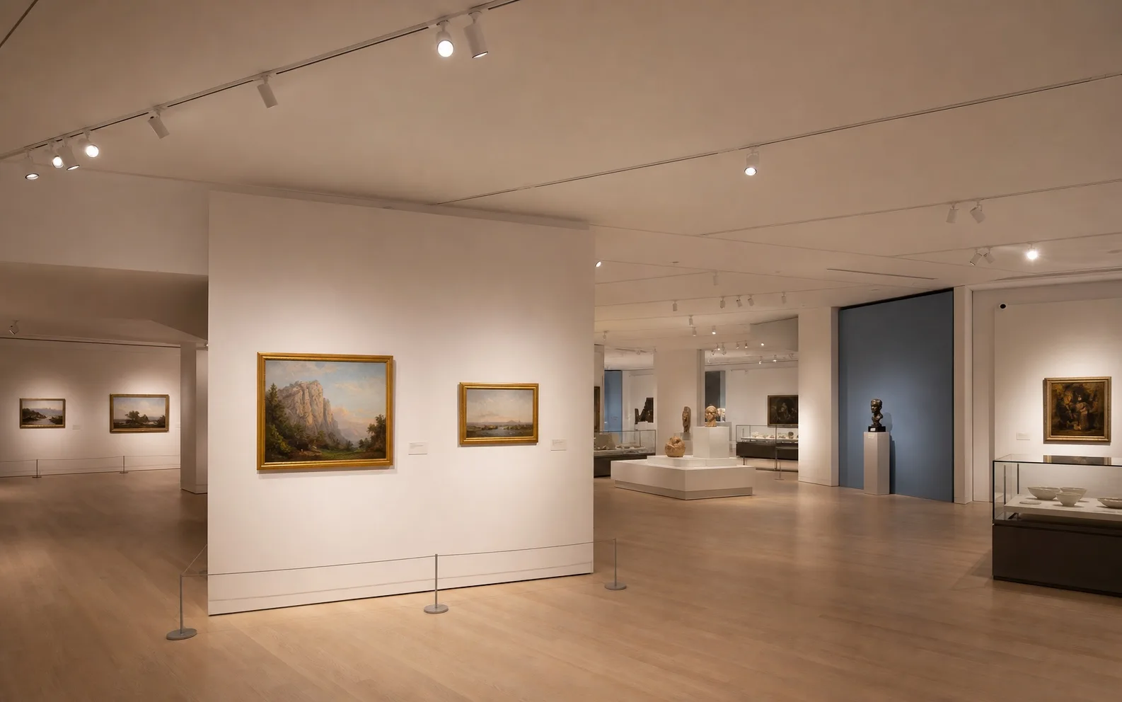 Recessed three-circuit four-wire track lighting permanent and temporary museum exhibits