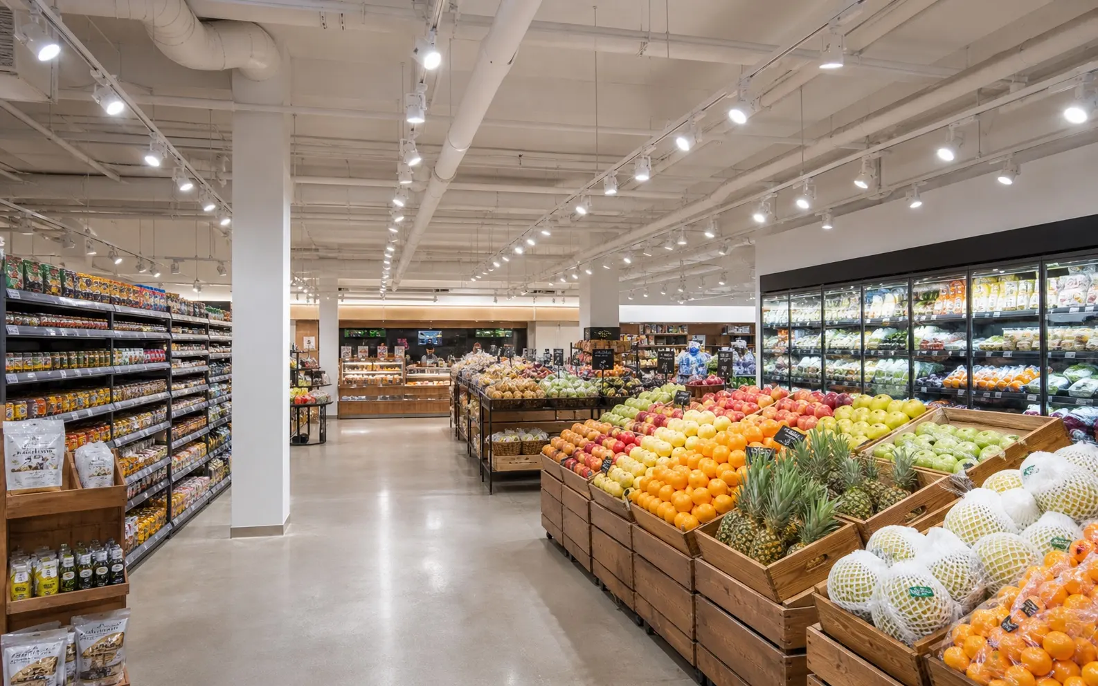 Professional three-circuit track lighting aisles produce and promotional zones in an upscale supermarket