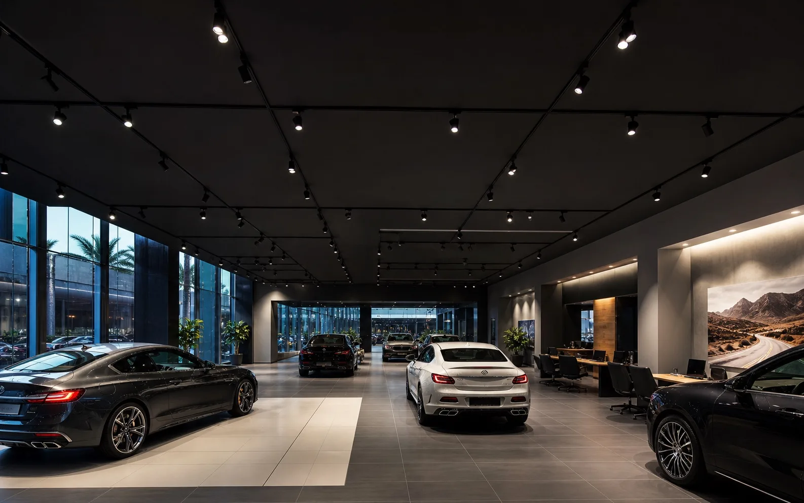 Professional three-circuit four-wire track grid lighting a premium Dubai automotive showroom