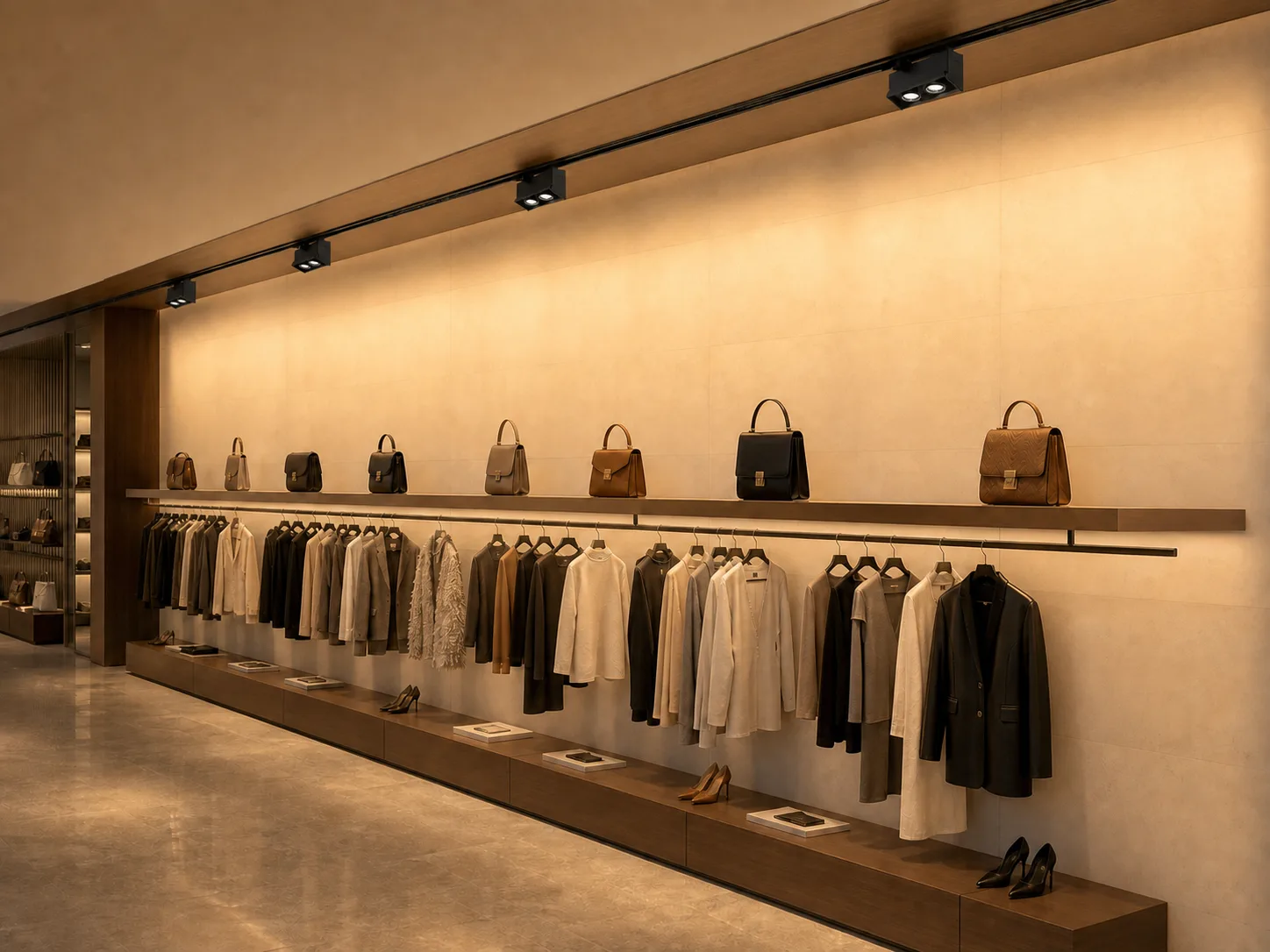 ARCWASH single-sided track wall washer illuminating a luxury retail merchandise wall