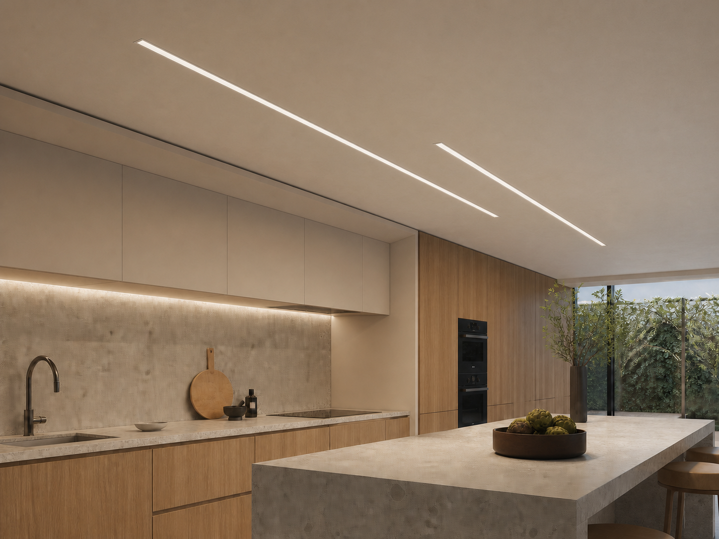 Continuous recessed profile lighting for residential kitchen details