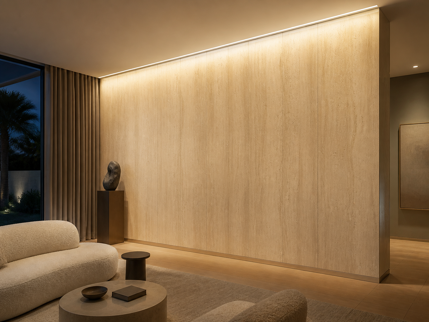 LUMI adjustable ultra-slim linear light washing a tall residential feature wall uniformly from ceiling to floor