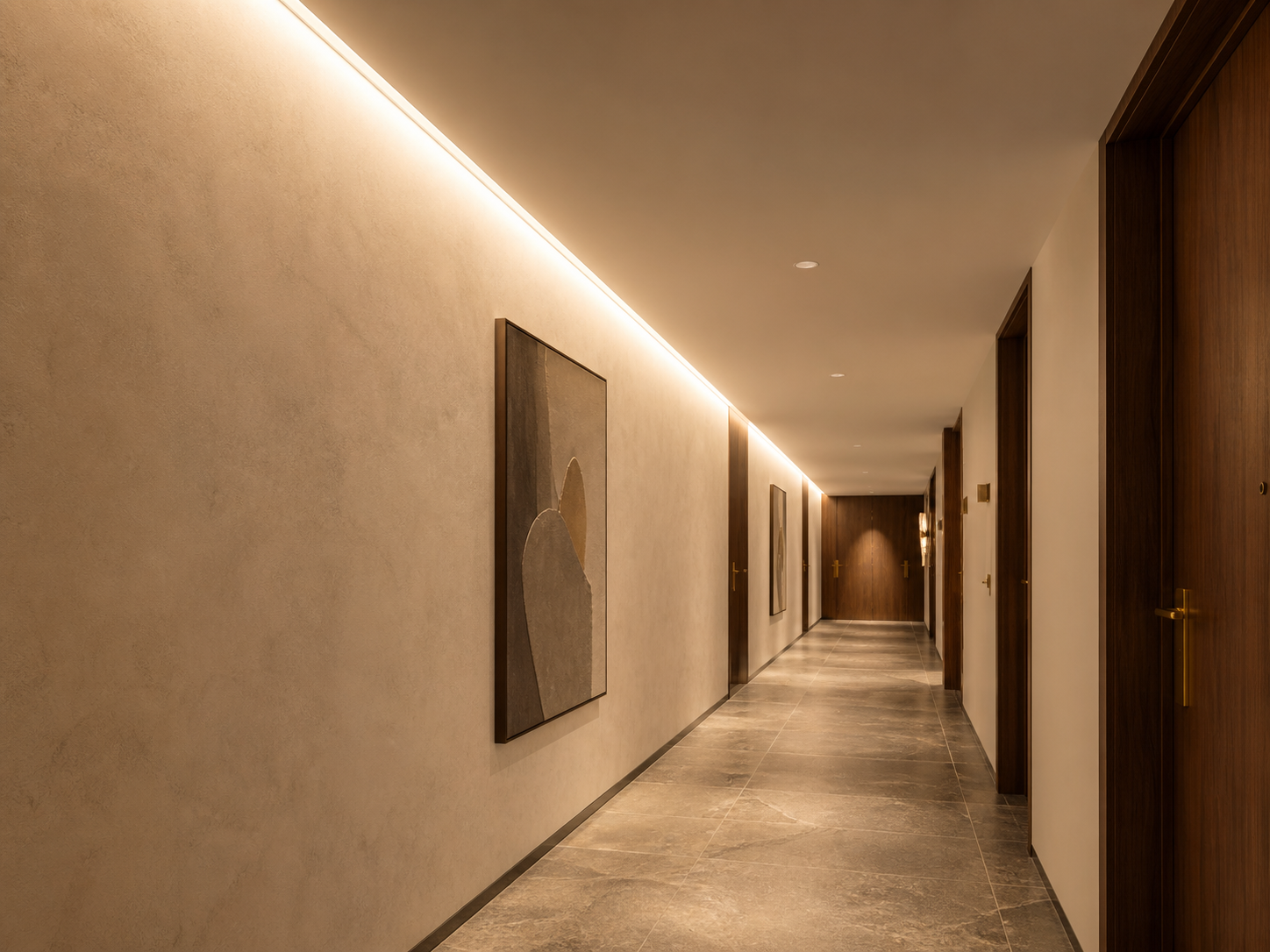 LUMI ultra-slim linear lighting creating a continuous full-height wall wash in a boutique hotel corridor